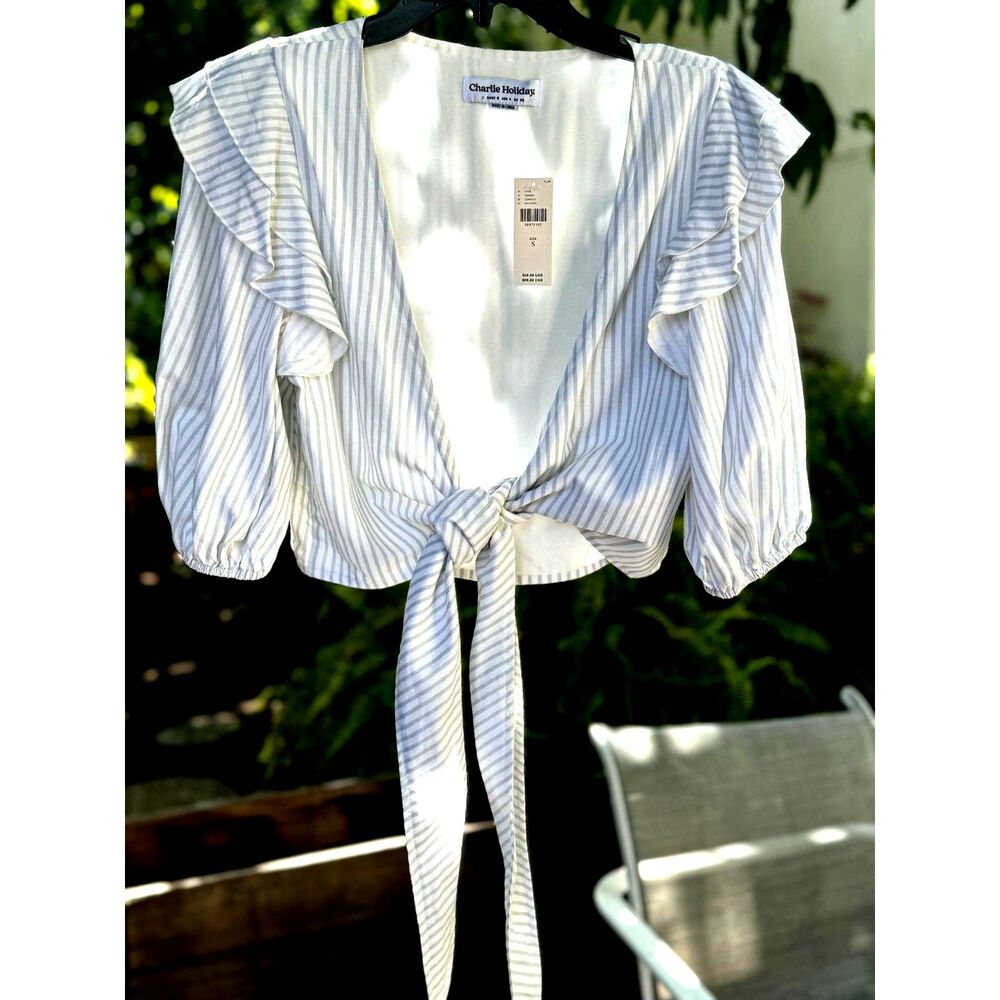 NWT Anthropologie Charlie Holiday Grey & White Striped Tie Wrap Shirt Top Size S